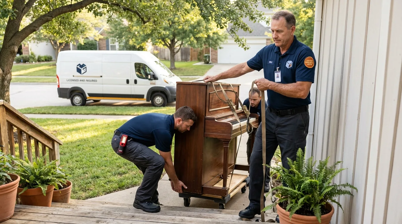 Licensed piano movers securing grand piano in West Milford, NJ