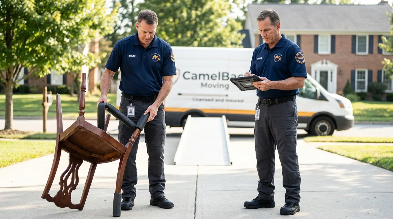 Movers inspecting furniture for damage prevention before loading in West Milford, NJ