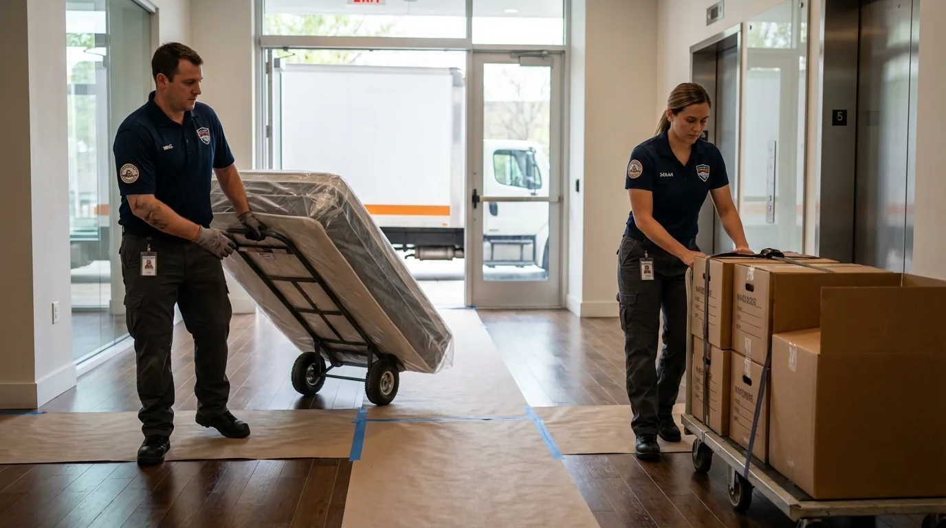 Professional apartment movers loading elevator in West Milford, NJ