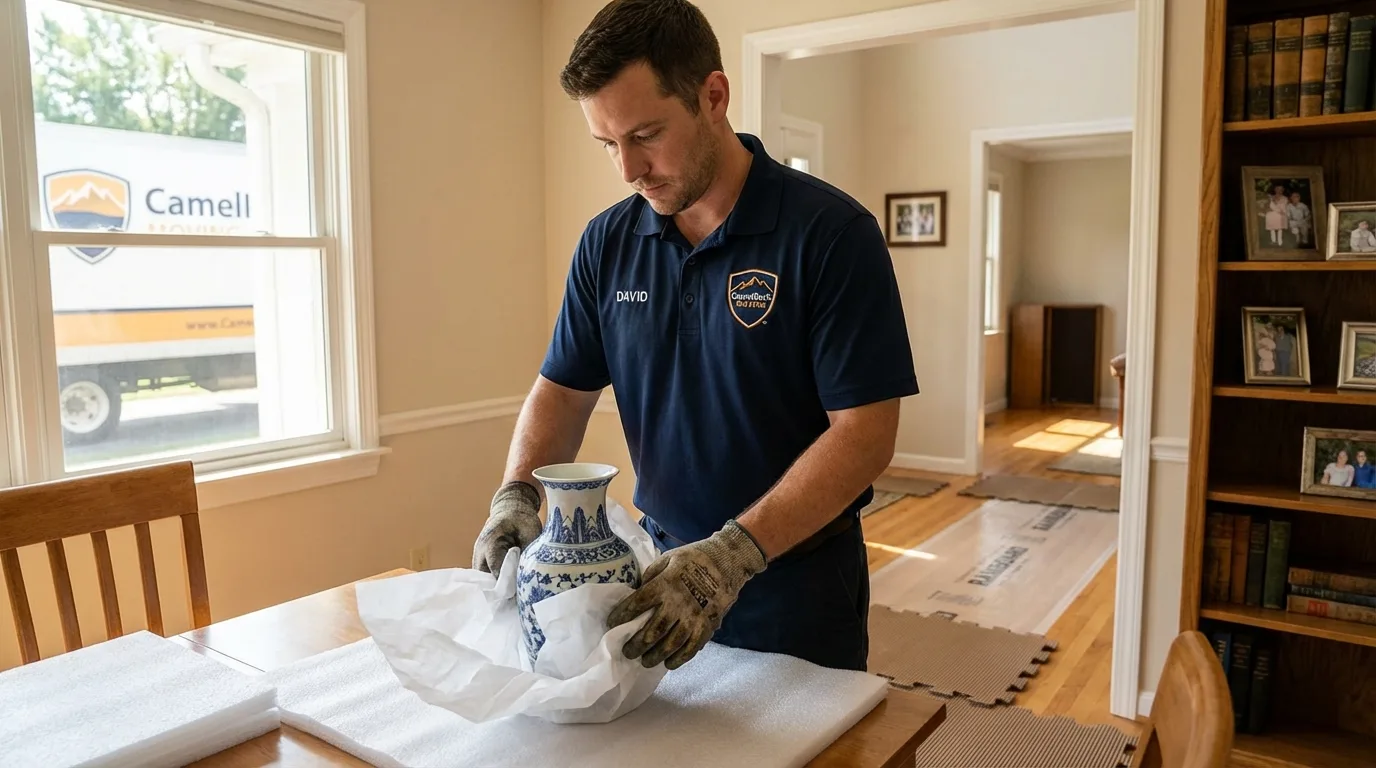 Professional crew carefully wrapping antique vase for senior downsizing move in West Milford, NJ